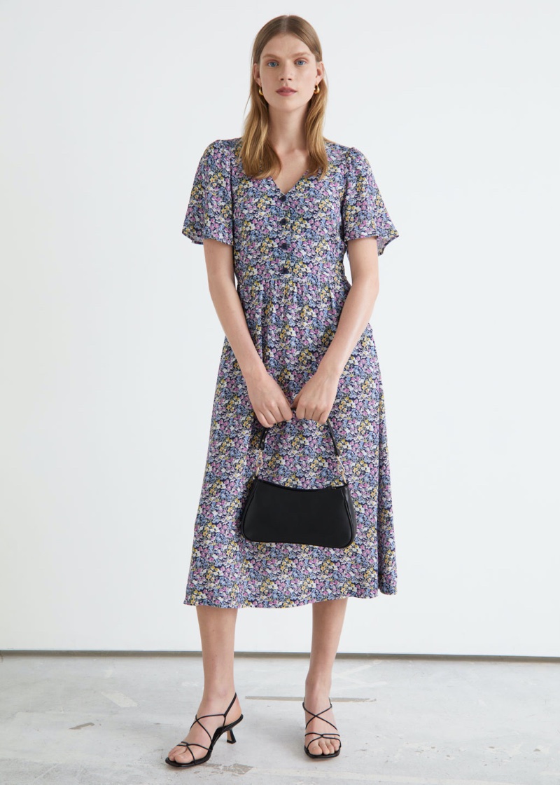 & Other Stories Flutter Sleeve Midi Dress in Purple Florals $99