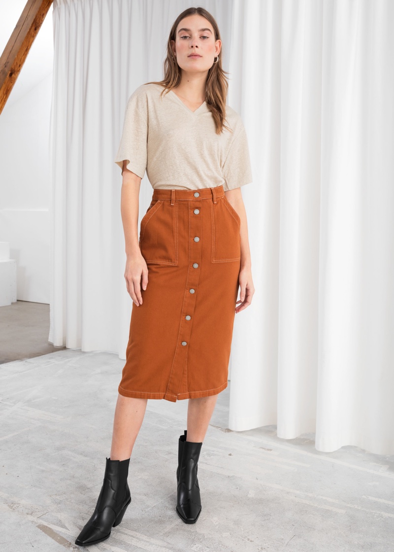 & Other Stories Mid Rise Denim Midi Skirt $69