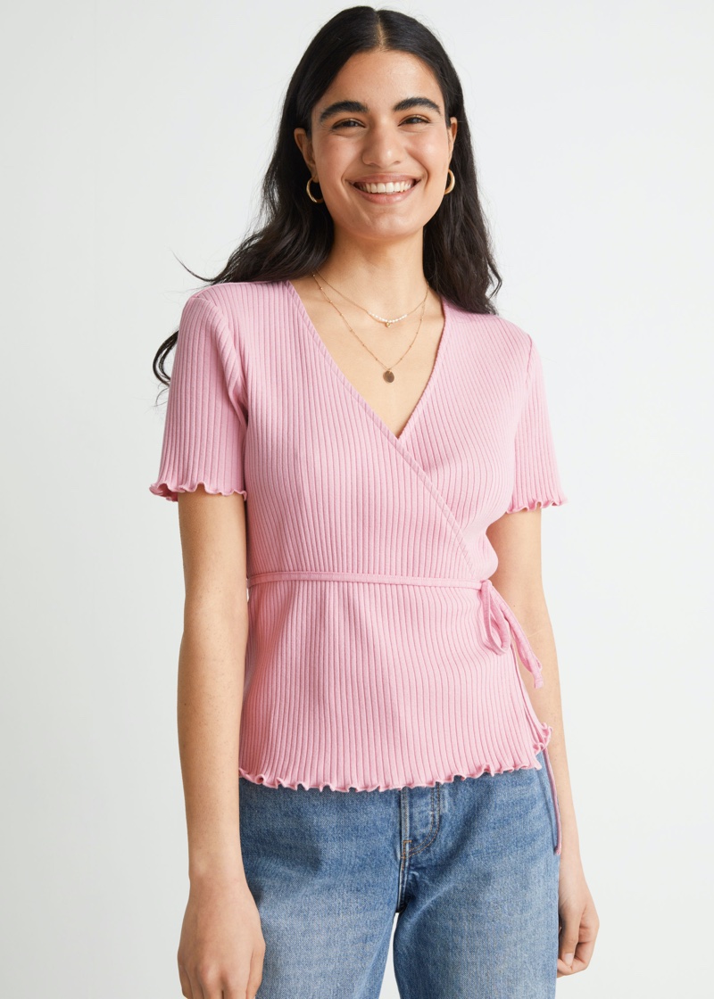 & Other Stories Ribbed Wrap Top in Pink $49
