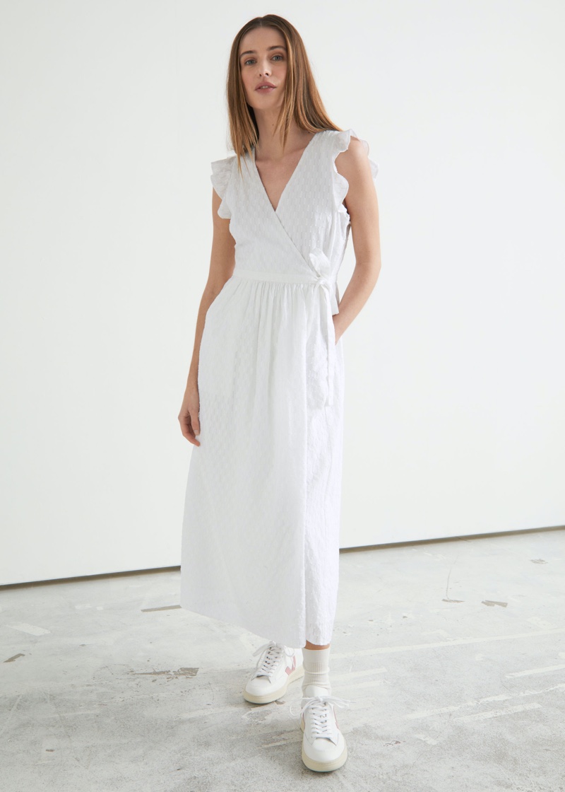 & Other Stories Ruffled Midi Wrap Dress in White $119