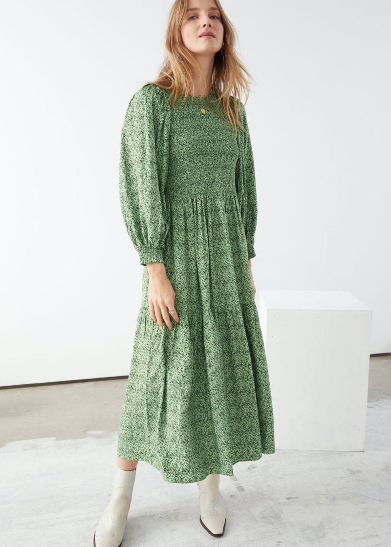 & Other Stories Smocked Abstract Print Maxi Dress in Green $129