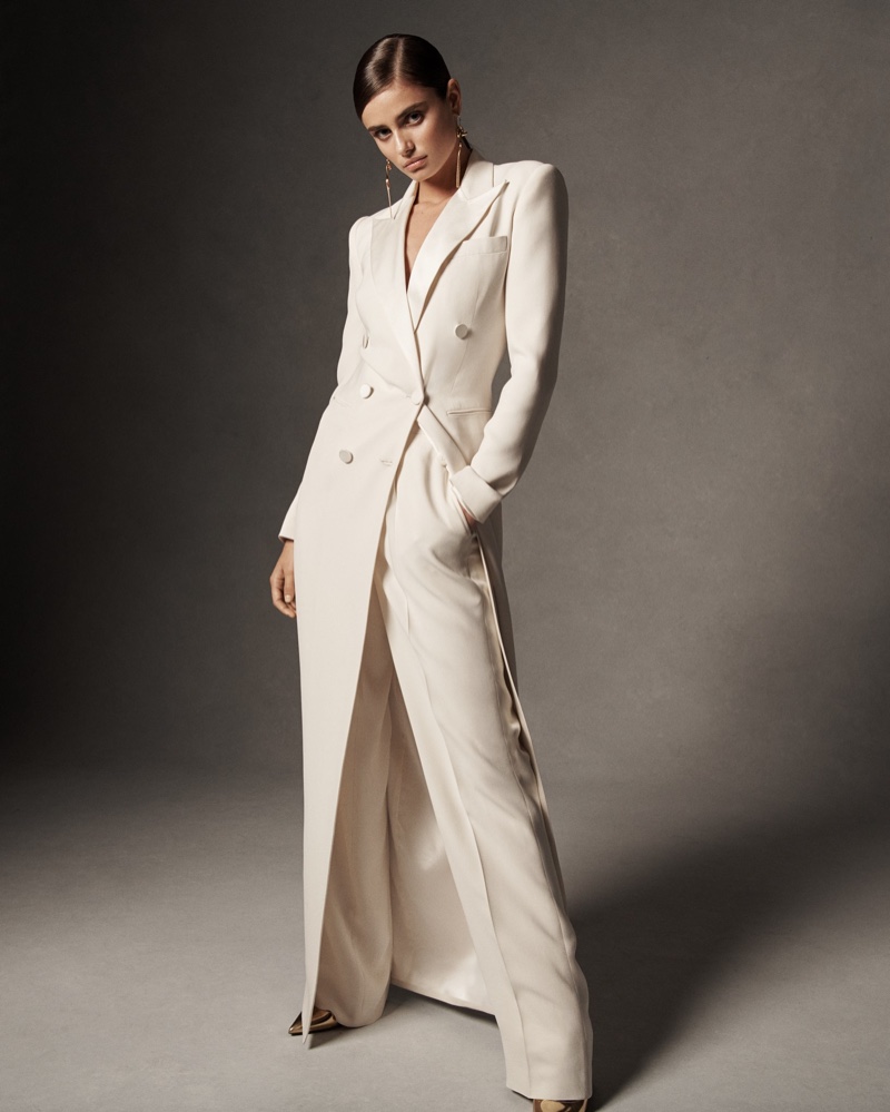 Model Taylor Hill poses in tuxedo gown from Ralph Lauren spring 2019 collection