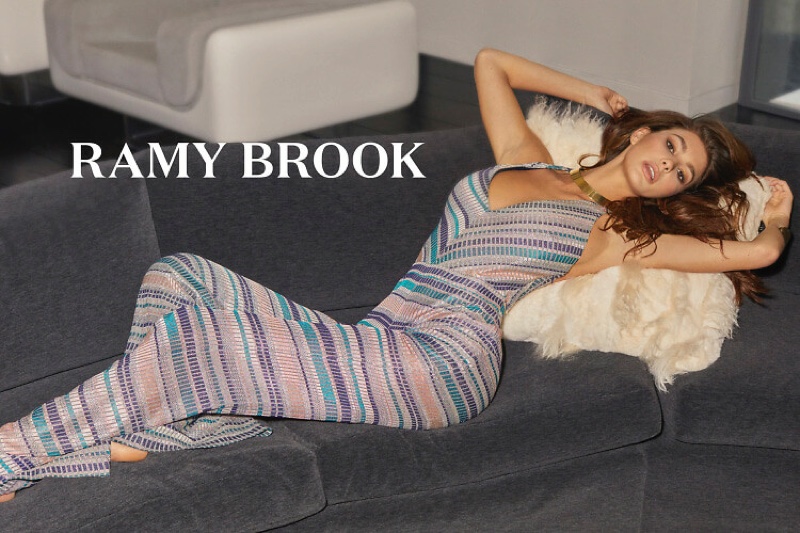 Camila Morrone models striped jumpsuit in Ramy Brook spring-summer 2019 campaign