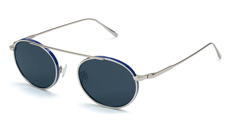 Warby Parker Corwin Sunglasses in Polished Silver with Matte Blue and Vintage Brown Lenses $195