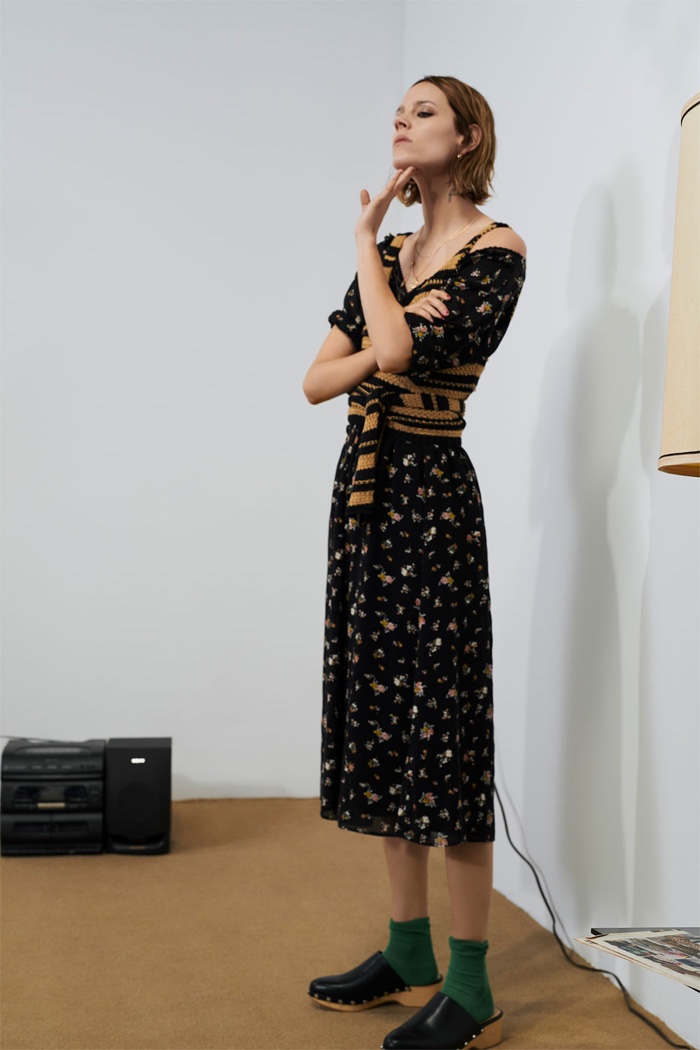 Freja Beha Erichsen models Zara print midi dress and striped knit top (around waist)