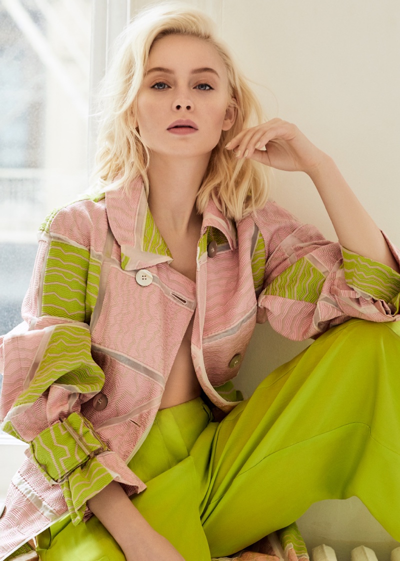 Singer Zara Larsson poses in Emporio Armani jacket and pants