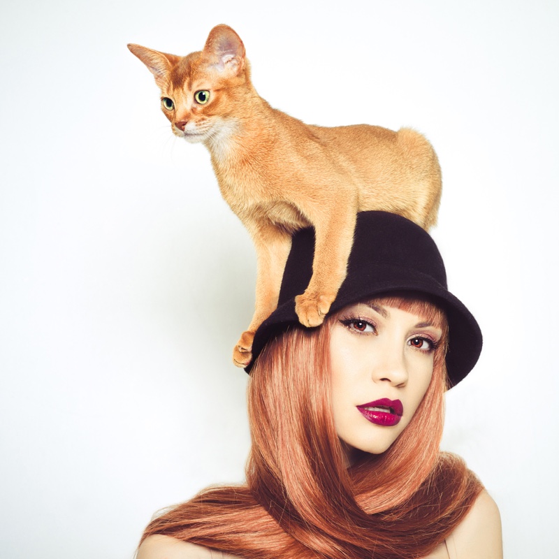 Fashion Model with Cat on Head Wearing a Hat