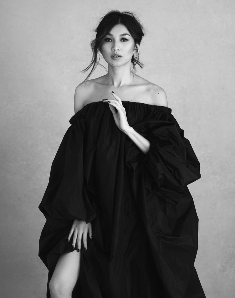 Flaunting some shoulder, Gemma Chan poses in Valentino gown