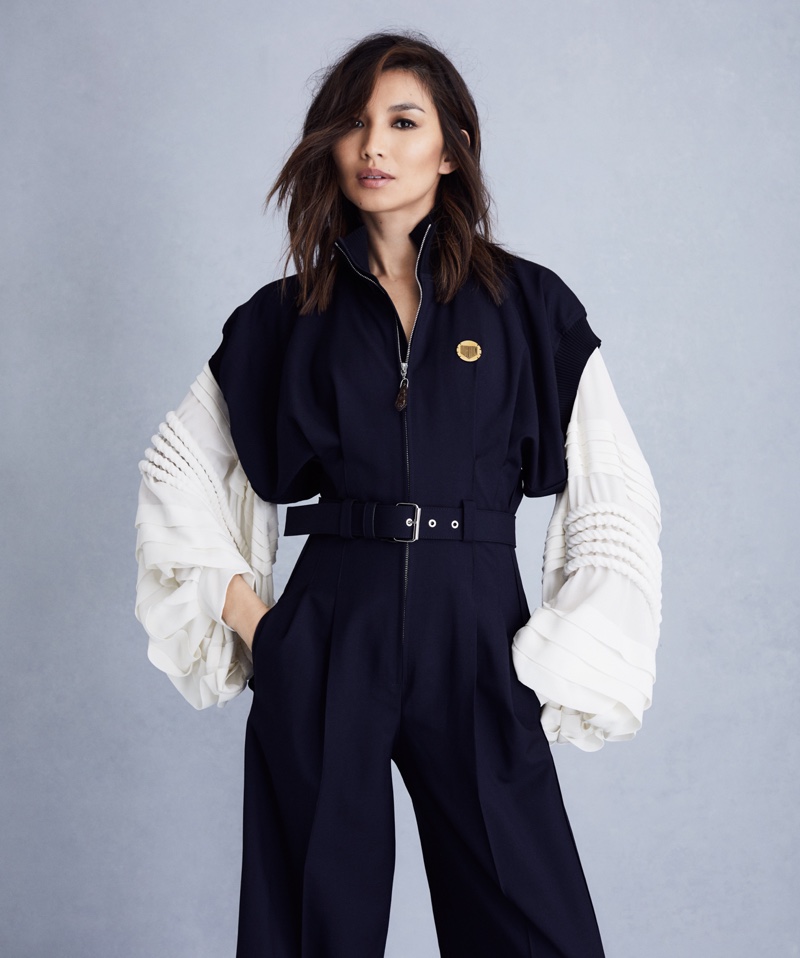 Actress Gemma Chan wears a Louis Vuitton ensemble