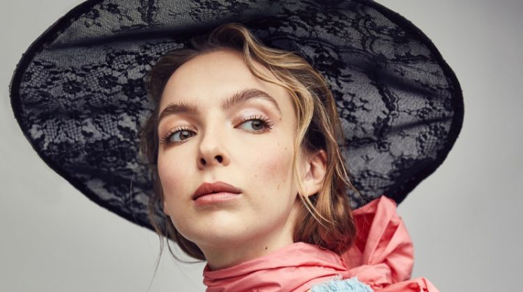 Actress Jodie Comer poses in Erdem dress, hat and scarf