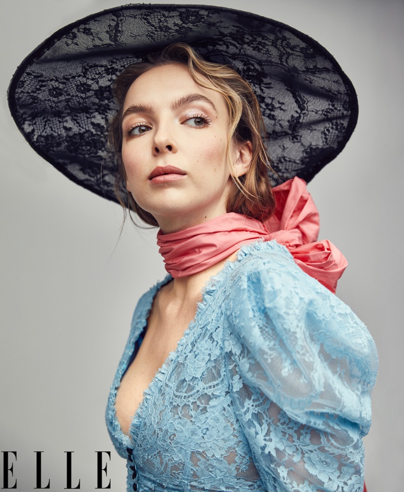 Actress Jodie Comer poses in Erdem dress, hat and scarf