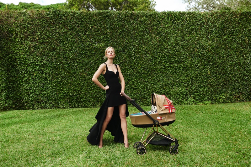 Supermodel Karolina Kurkova poses alongside stroller from Cybex collaboration