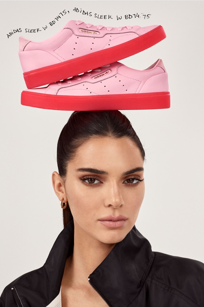 Kendall Jenner poses with adidas Originals Sleek sneakers in pink