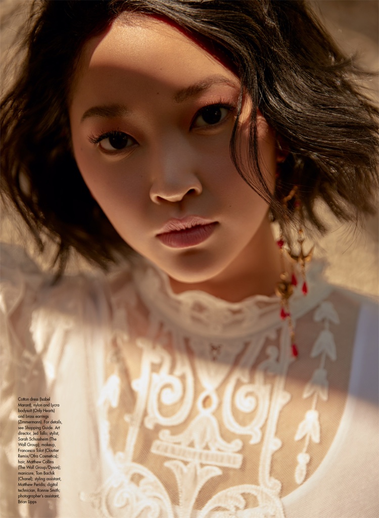 Ready for her closeup, Lana Condor poses in Isabel Marant dress and Zimmermann earrings