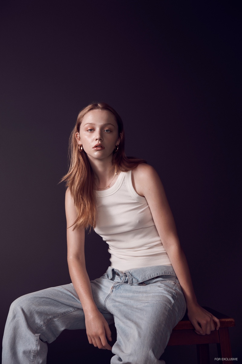 Charlotte wears COS Tank Top, Jean Atelier Jeans, By Charlotte Necklace & stylist's own Earrings. Photo: Milos Mlynarik