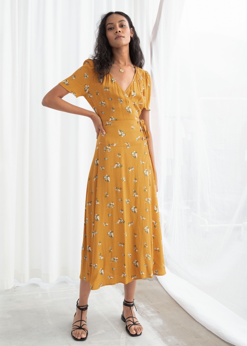 & Other Stories Flowy Wrap Midi Dress in Yellow Floral $99