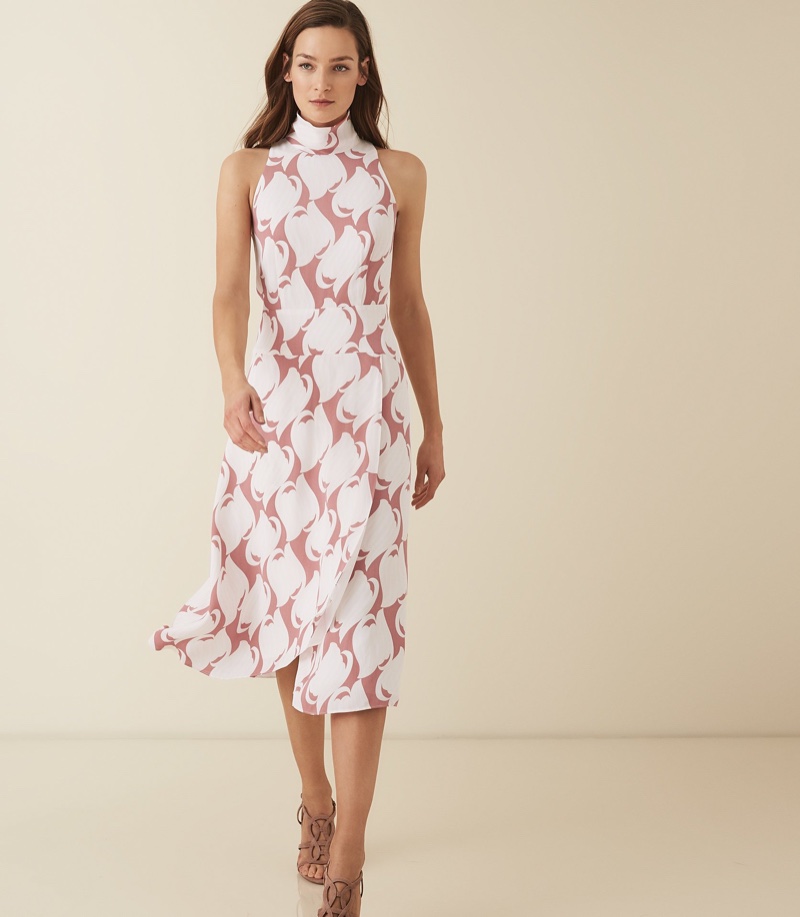 REISS Doriana Swirl Printed High Neck Midi Dress $425