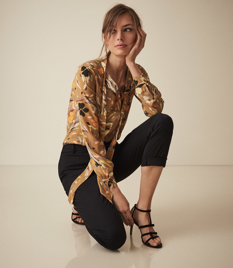 REISS Elisa Printed Blouse in Gold $265
