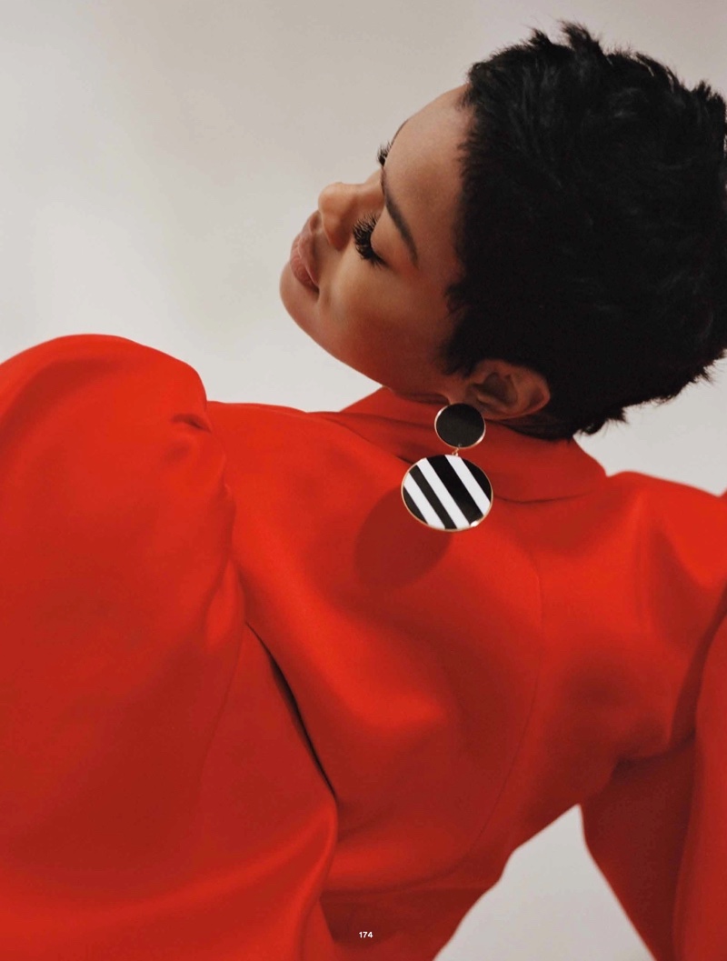 Teyana Taylor poses in Kaimin jacket and Joanna Laura Constantine earring