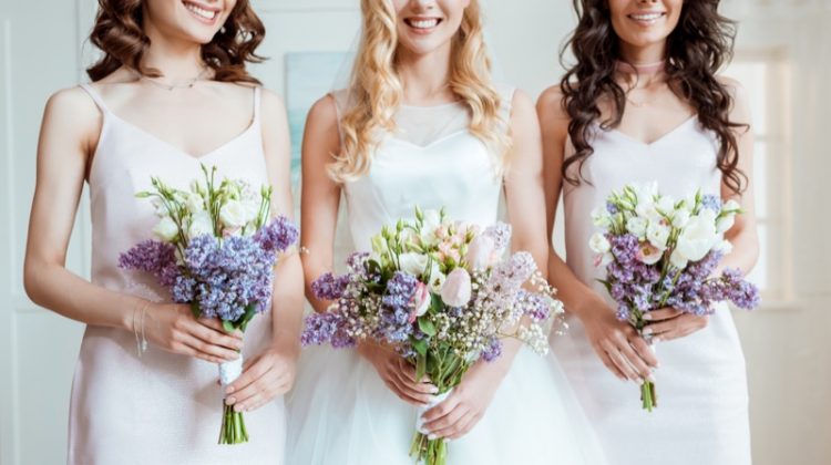 Wedding Party with Bride & Bridesmaids Colorful Bouquets