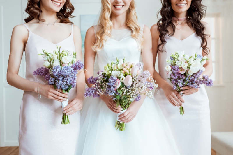 Wedding Party with Bride & Bridesmaids Colorful Bouquets