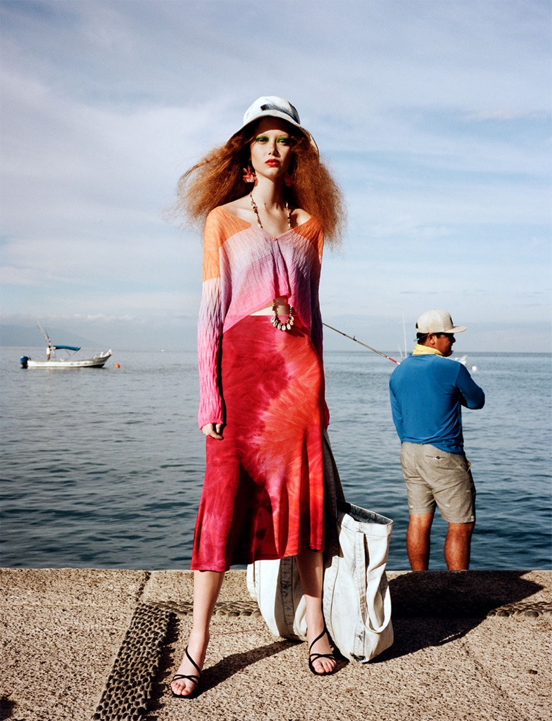 Zara Multi-Colored Cardigan, Tie-Dye Skirt, Strap Sandals and Denim Shopper Bag