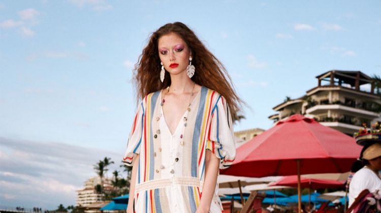 Sara Grace Wallerstedt models Zara contrast striped dress and natural cord bucket bag
