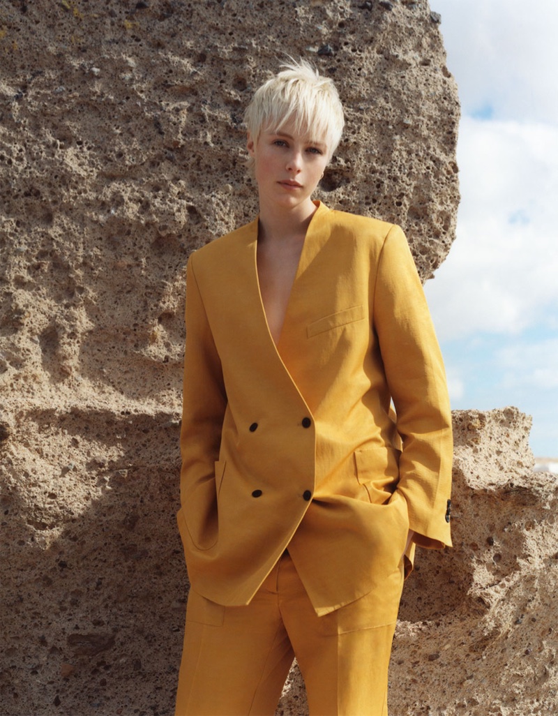 Suiting up, Edie Campbell wears Zara double breasted blazer and patch pocket pants