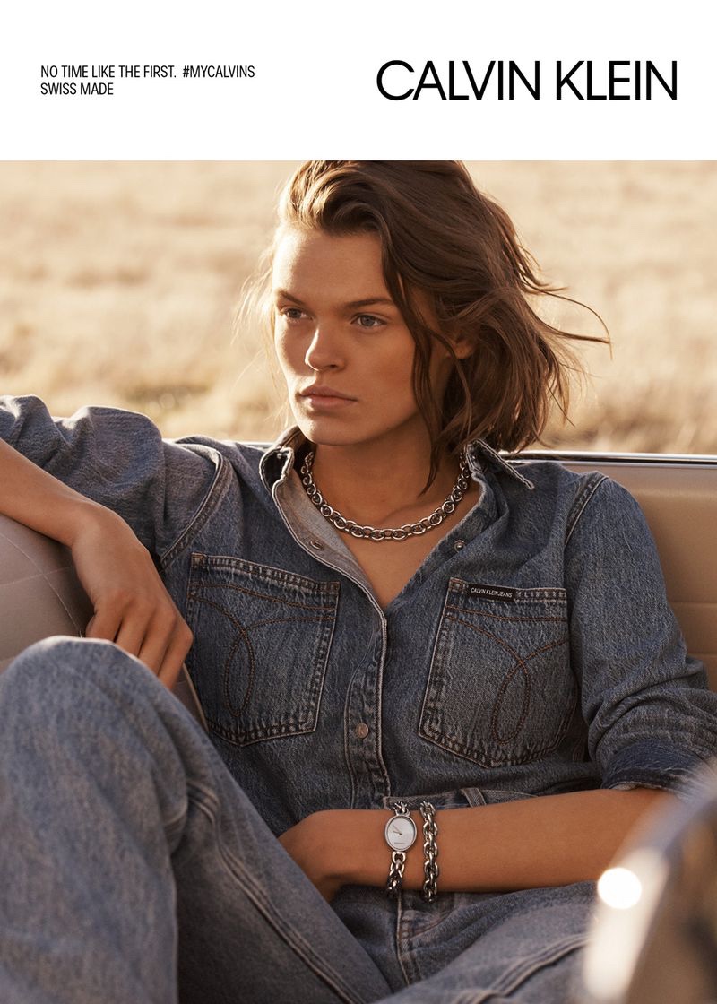 Wearing denim, Cara Taylor fronts Calvin Klein Jewelry + Watches spring-summer 2019 campaign