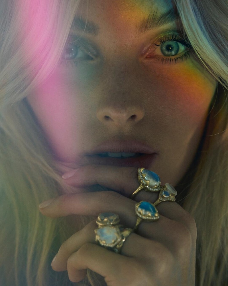 Ready for her closeup, Elsa Hosk wears rings from Logan Hollowell