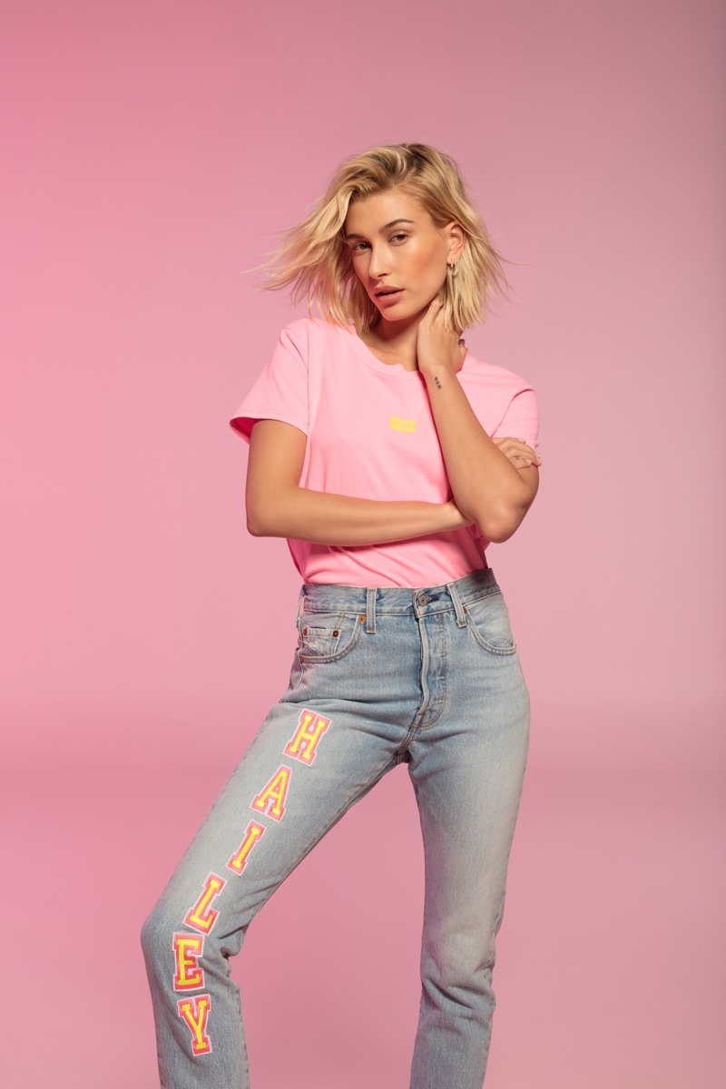 Modeling customized jeans, Hailey Baldwin appears in Levi's Festival spring 2019 campaign