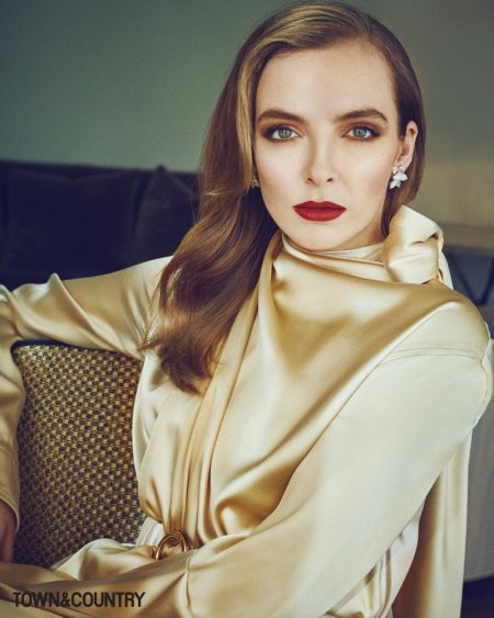 Jodie Comer Gets Glam for Town & Country Magazine Actress Jodie Comer wears Bottega Veneta dress and Harry Winston earrings