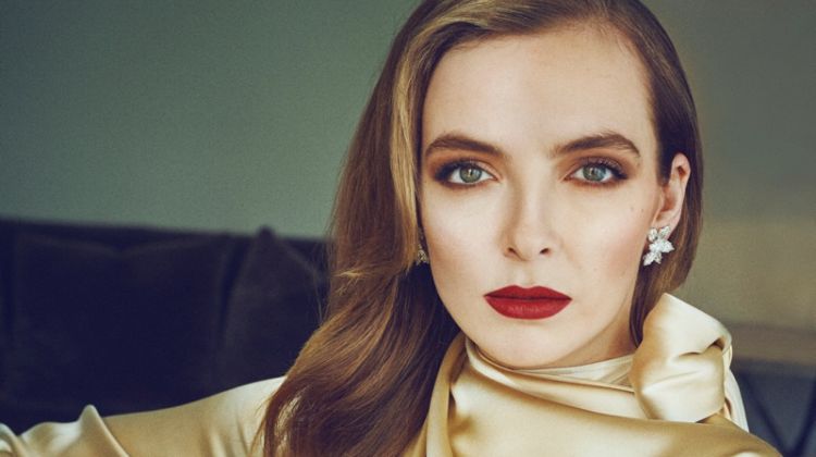 Actress Jodie Comer wears Bottega Veneta dress and Harry Winston earrings