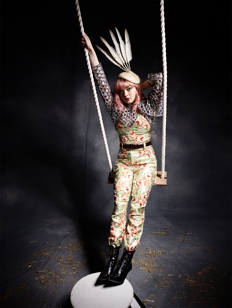 Posing on a swing, Maisie Williams wears Louis Vuitton look with Victoria Grant hat. Photo: Rankin