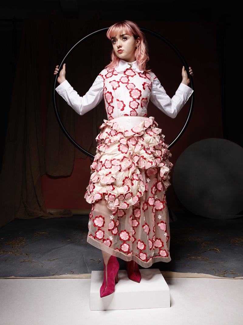 Actress Maisie Williams poses in 4 Moncler Simone Rocha look with Cartier jewelry and Jimmy Choo boots. Photo: Rankin