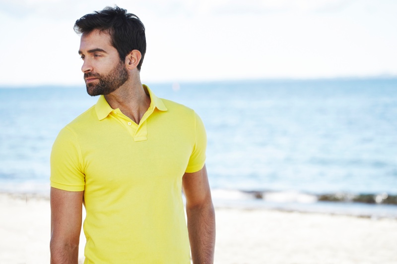 Male Model Yellow Polo Shirt Beach