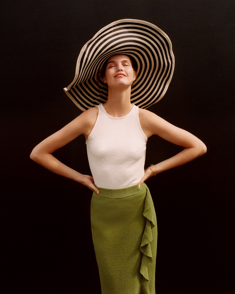 Mango Top, Midi Wrap Skirt and Bicolor Straw Hat