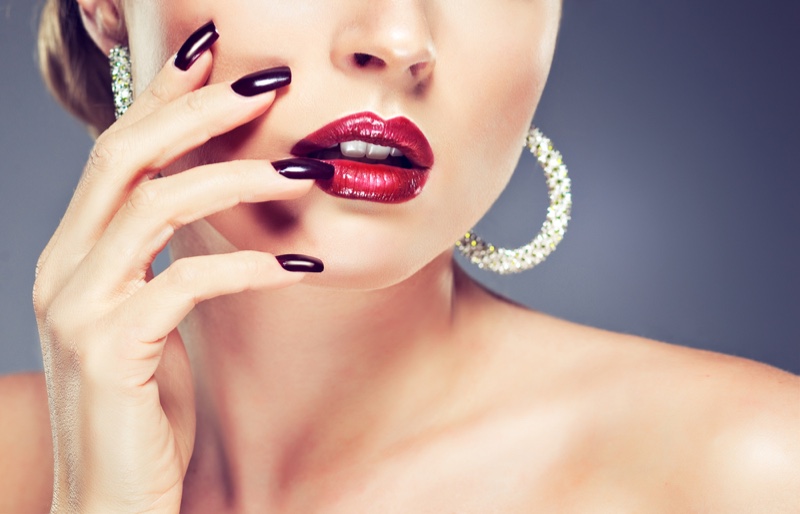 Model Wears Diamond Hoop Earrings with Red Lipstick