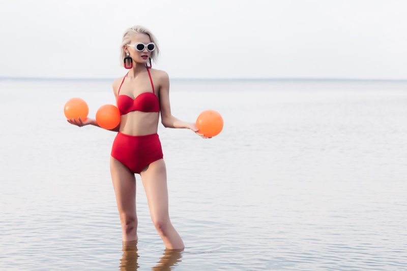 Model in Retro Red Bikini with Orange Balls