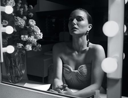 Natalie Portman Gets Ready to Take the Stage for Vogue Australia Natalie Portman wears Zac Posen top with Dior earring