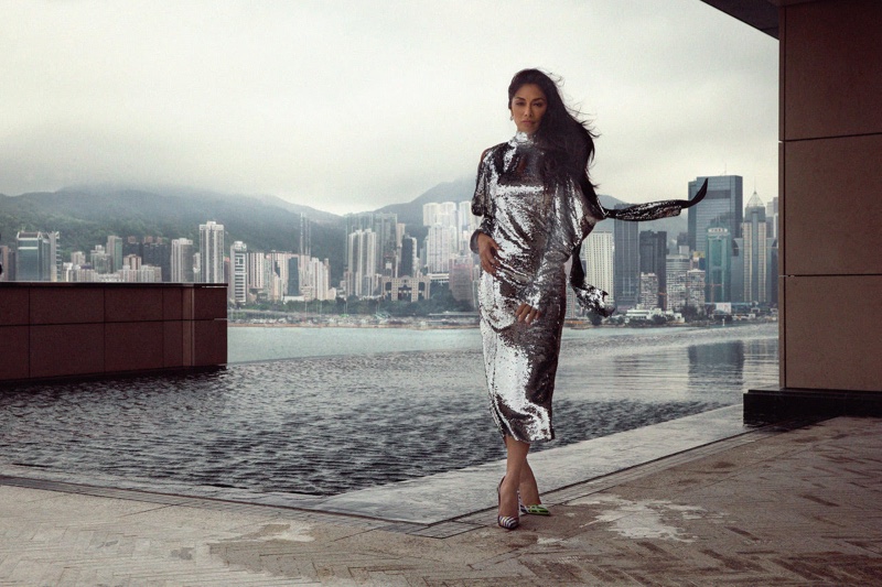 Singer Nicole Scherzinger wears 16Arlington silver sequin dress