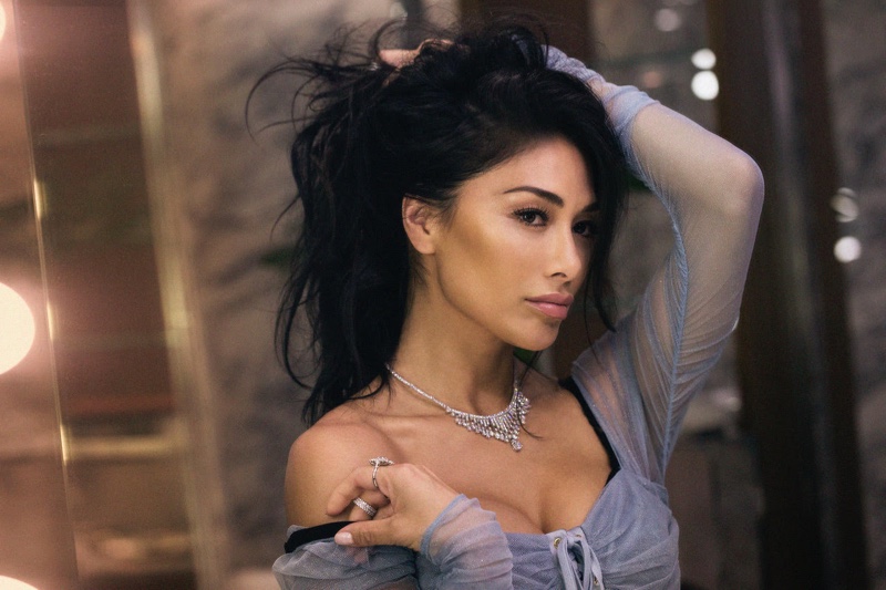 Nicole Scherzinger poses in Dolce & Gabbana dress with Hearts On Fire jewelry