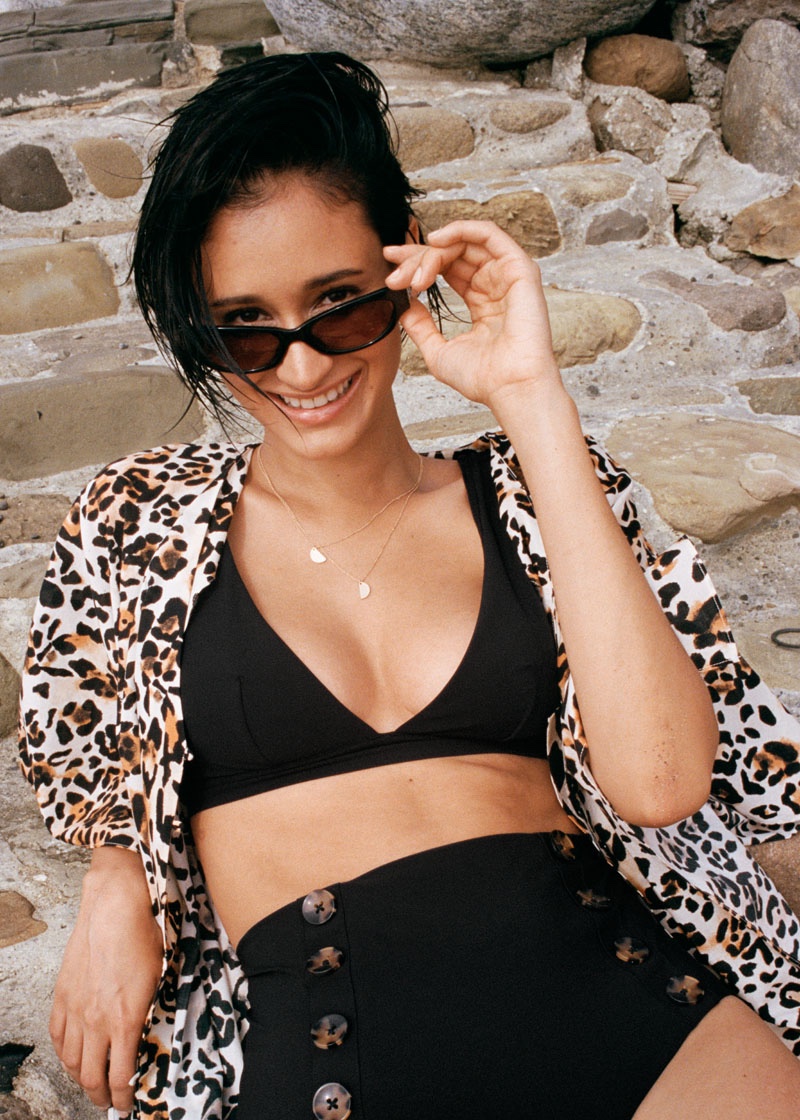 & Other Stories V-Cut Bikini Top $29, High Waisted Bikini Briefs $39, Leopard Print Cotton Kaftan $99 and Slim Oval Sunglasses $39