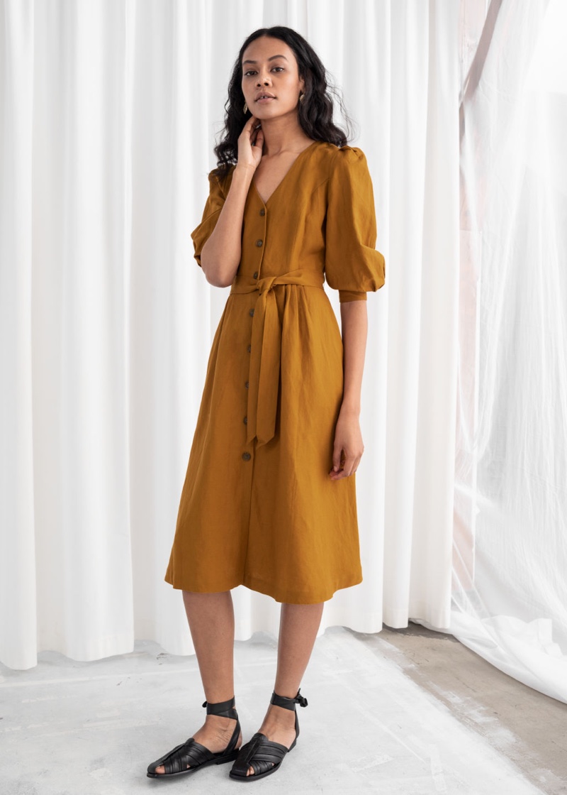 & Other Stories Belted Linen Blend Midi Dress $119