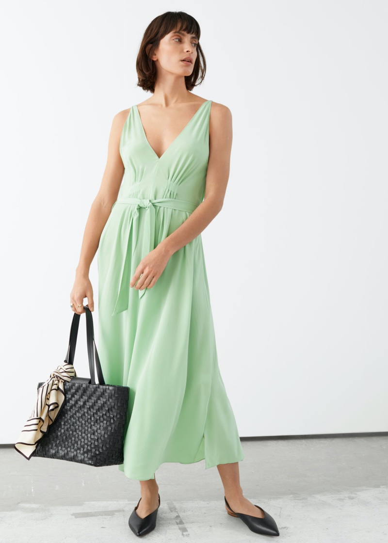 & Other Stories Belted Silk Midi Dress in Green $149