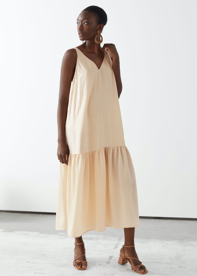 & Other Stories Voluminous V-Neck Midi Dress in Beige $119