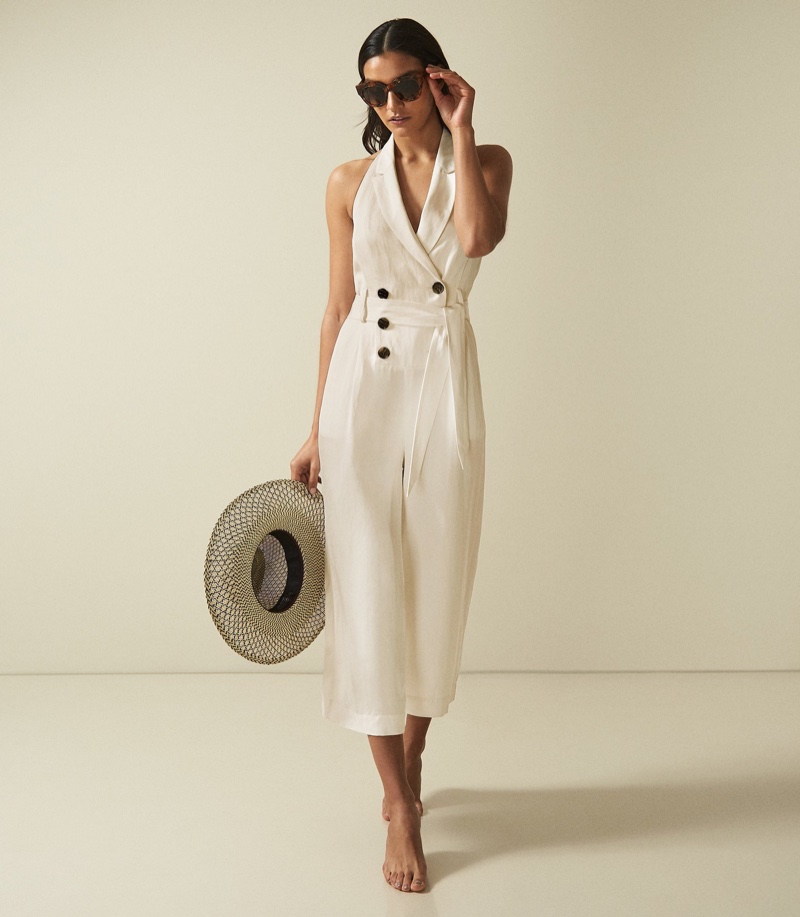 REISS Giovanna Halterneck Jumpsuit in Buttermilk $345