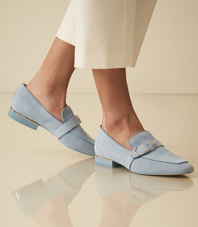 REISS Nova Suede Buckle Detail Loafers in Cornflower Blue $295