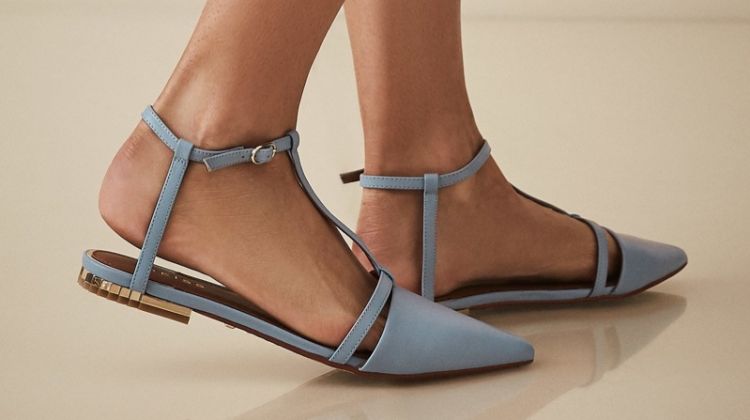 REISS Olivia Leather T-Bar Flats in Cornflower Blue $230