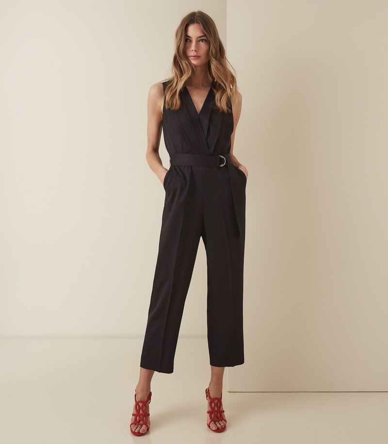 REISS Saada Wrap Front Wide Leg Jumpsuit in Black $445